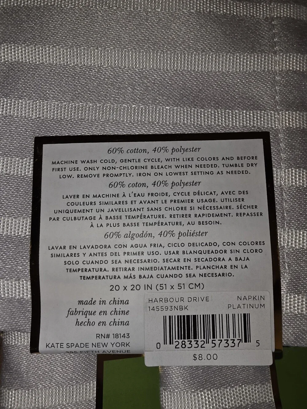 6x kate spade White and Light Gray Striped Napkin Set